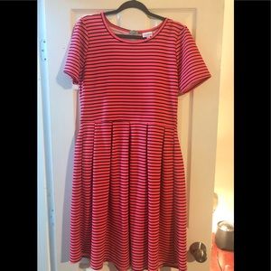 LuLaRoe Amelia, hot pink with black stripes. Two pocketed dress.